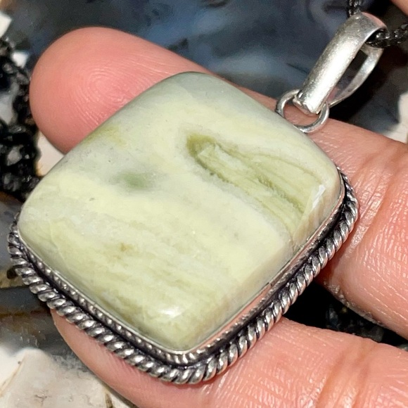 handmade & handcrafted gemstone jewelry Jewelry - Green Larsonite Pendant 1 7/8”